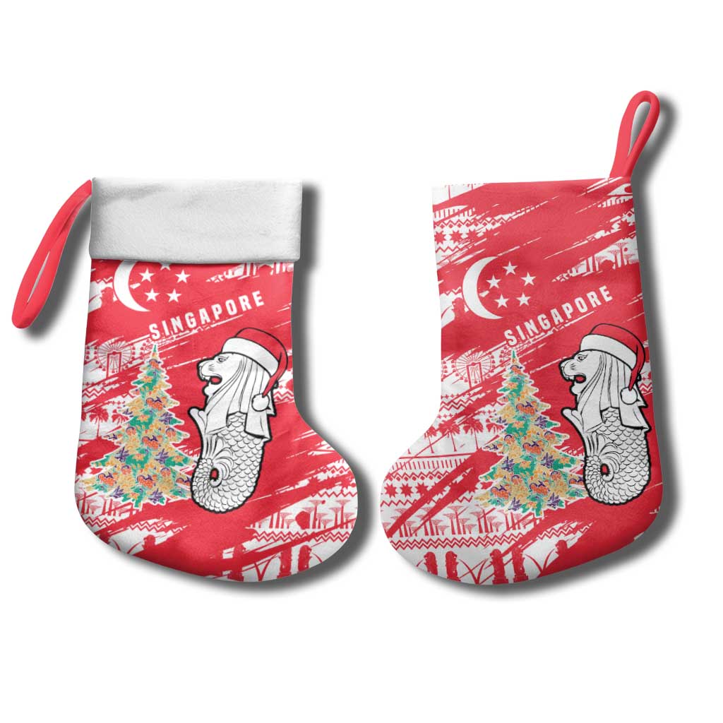Singapore Christmas Stocking with Merlion Santa Hat Batik Christmas Tree and City Skyline Design - Wonder Print Shop