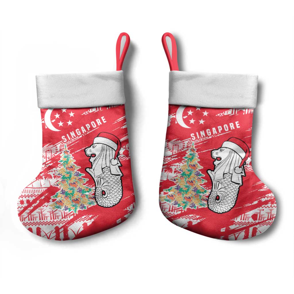 Singapore Christmas Stocking with Merlion Santa Hat Batik Christmas Tree and City Skyline Design - Wonder Print Shop