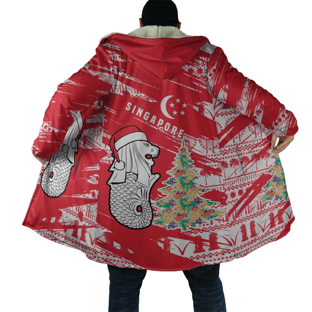 Singapore Christmas Cloak with Merlion Santa Hat Batik Christmas Tree and City Skyline Design - Wonder Print Shop