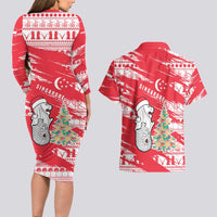 Singapore Christmas Couples Matching Long Sleeve Bodycon Dress and Hawaiian Shirt with Merlion Santa Hat Batik Christmas Tree and City Skyline Design - Wonder Print Shop