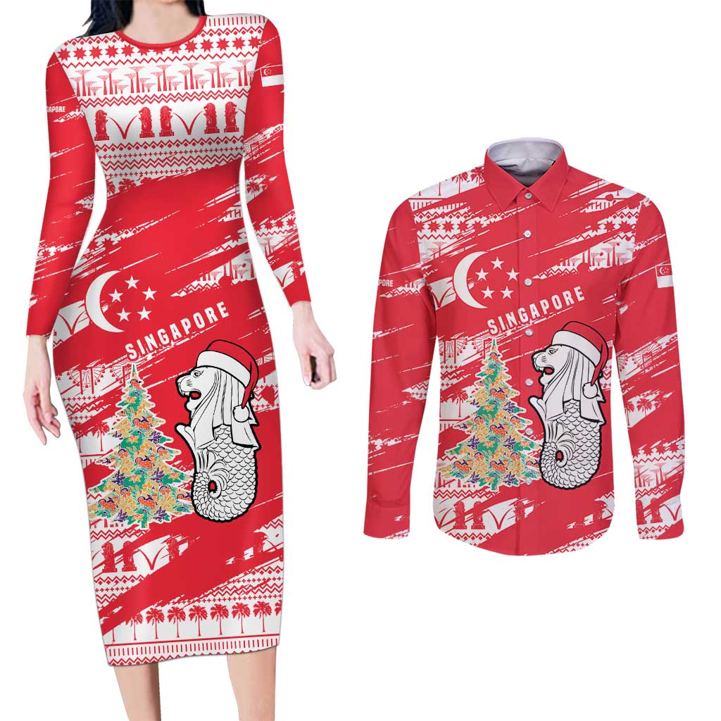 Singapore Christmas Couples Matching Long Sleeve Bodycon Dress and Long Sleeve Button Shirt with Merlion Santa Hat Batik Christmas Tree and City Skyline Design - Wonder Print Shop