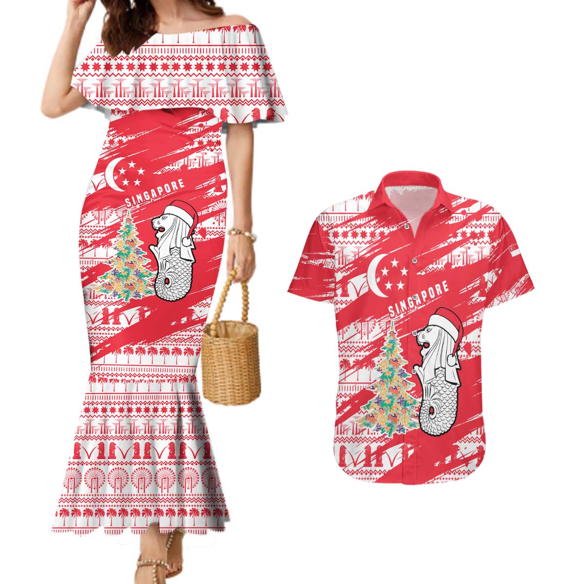 Singapore Christmas Couples Matching Mermaid Dress and Hawaiian Shirt with Merlion Santa Hat Batik Christmas Tree and City Skyline Design - Wonder Print Shop