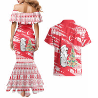 Singapore Christmas Couples Matching Mermaid Dress and Hawaiian Shirt with Merlion Santa Hat Batik Christmas Tree and City Skyline Design - Wonder Print Shop