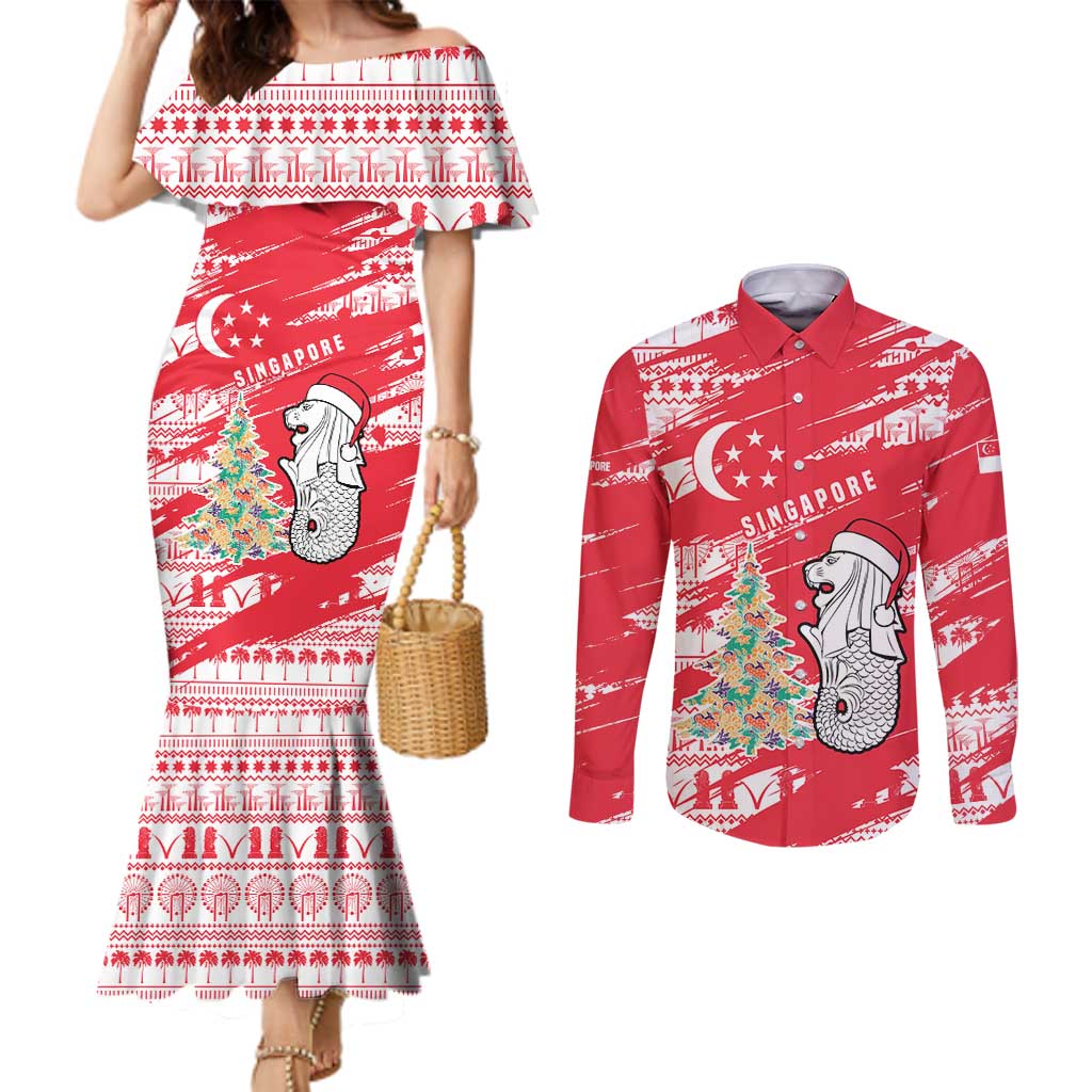 Singapore Christmas Couples Matching Mermaid Dress and Long Sleeve Button Shirt with Merlion Santa Hat Batik Christmas Tree and City Skyline Design - Wonder Print Shop