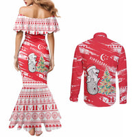 Singapore Christmas Couples Matching Mermaid Dress and Long Sleeve Button Shirt with Merlion Santa Hat Batik Christmas Tree and City Skyline Design - Wonder Print Shop