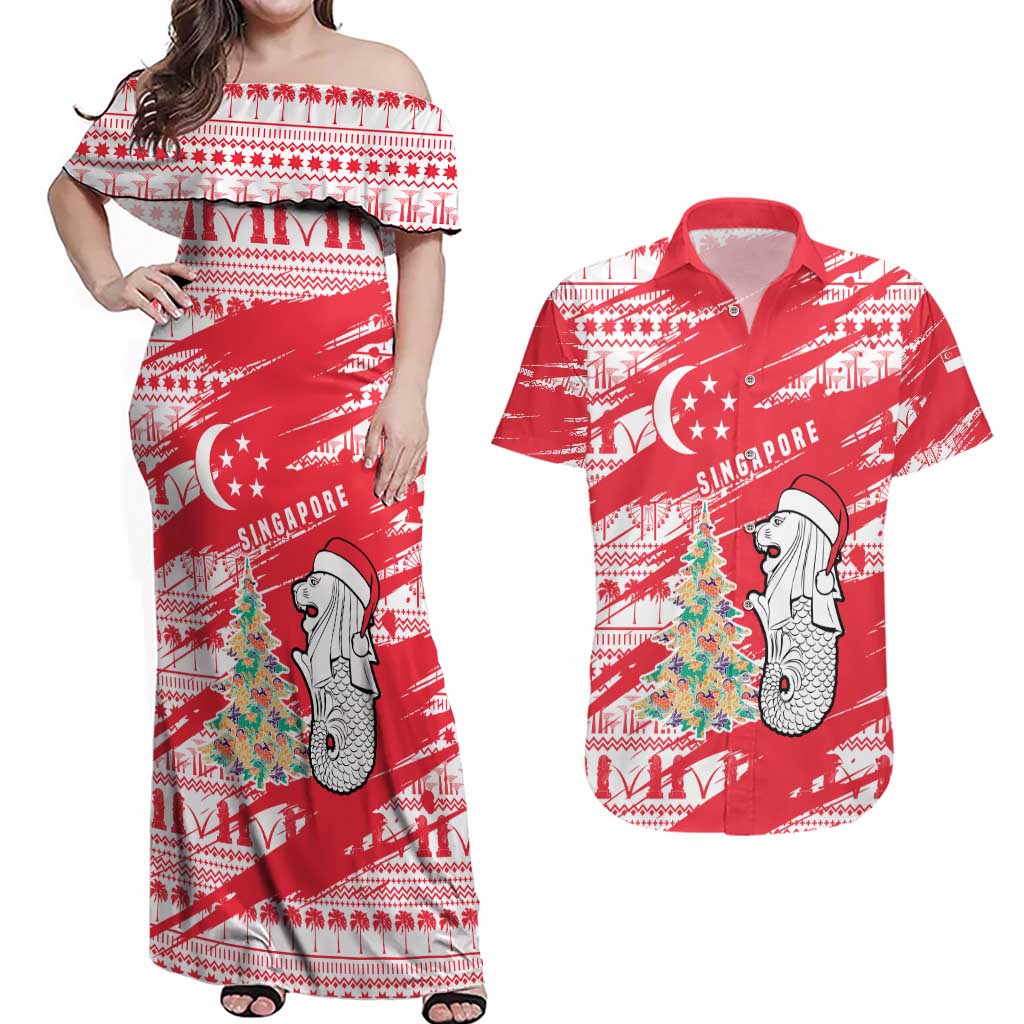 Singapore Christmas Couples Matching Off Shoulder Maxi Dress and Hawaiian Shirt with Merlion Santa Hat Batik Christmas Tree and City Skyline Design - Wonder Print Shop