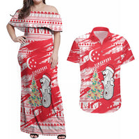 Singapore Christmas Couples Matching Off Shoulder Maxi Dress and Hawaiian Shirt with Merlion Santa Hat Batik Christmas Tree and City Skyline Design - Wonder Print Shop