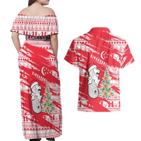 Singapore Christmas Couples Matching Off Shoulder Maxi Dress and Hawaiian Shirt with Merlion Santa Hat Batik Christmas Tree and City Skyline Design - Wonder Print Shop