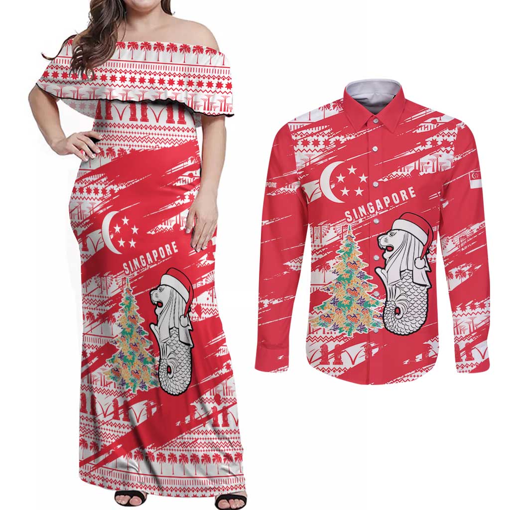 Singapore Christmas Couples Matching Off Shoulder Maxi Dress and Long Sleeve Button Shirt with Merlion Santa Hat Batik Christmas Tree and City Skyline Design - Wonder Print Shop