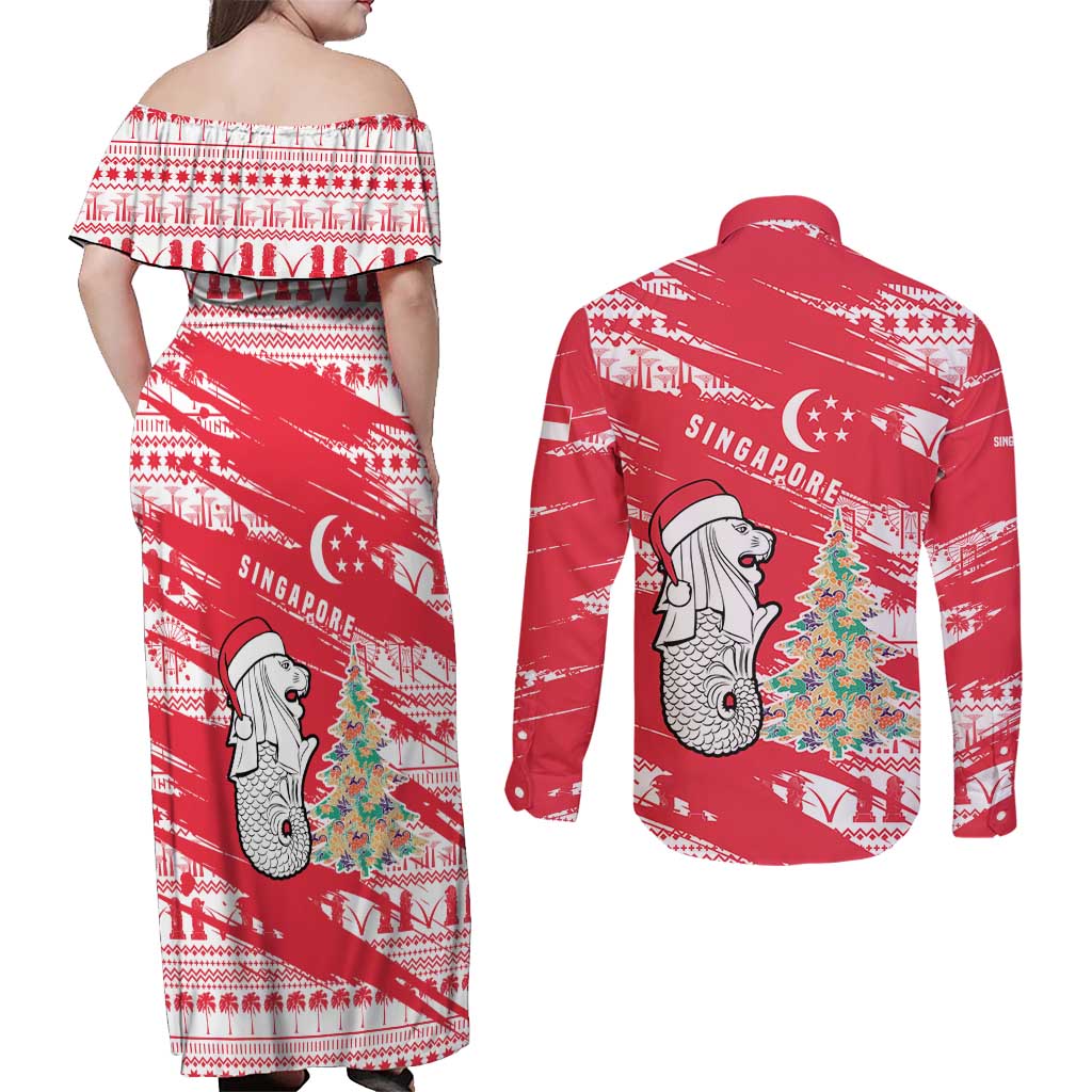 Singapore Christmas Couples Matching Off Shoulder Maxi Dress and Long Sleeve Button Shirt with Merlion Santa Hat Batik Christmas Tree and City Skyline Design - Wonder Print Shop