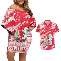 Singapore Christmas Couples Matching Off Shoulder Short Dress and Hawaiian Shirt with Merlion Santa Hat Batik Christmas Tree and City Skyline Design - Wonder Print Shop