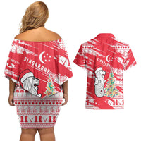 Singapore Christmas Couples Matching Off Shoulder Short Dress and Hawaiian Shirt with Merlion Santa Hat Batik Christmas Tree and City Skyline Design - Wonder Print Shop
