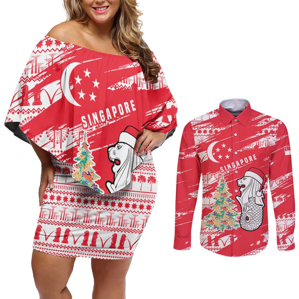 Singapore Christmas Couples Matching Off Shoulder Short Dress and Long Sleeve Button Shirt with Merlion Santa Hat Batik Christmas Tree and City Skyline Design - Wonder Print Shop