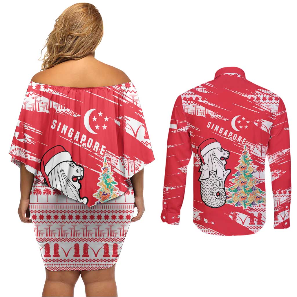 Singapore Christmas Couples Matching Off Shoulder Short Dress and Long Sleeve Button Shirt with Merlion Santa Hat Batik Christmas Tree and City Skyline Design - Wonder Print Shop
