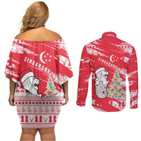 Singapore Christmas Couples Matching Off Shoulder Short Dress and Long Sleeve Button Shirt with Merlion Santa Hat Batik Christmas Tree and City Skyline Design - Wonder Print Shop