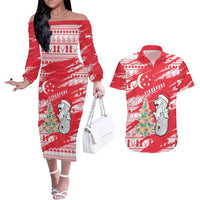 Singapore Christmas Couples Matching Off The Shoulder Long Sleeve Dress and Hawaiian Shirt with Merlion Santa Hat Batik Christmas Tree and City Skyline Design - Wonder Print Shop