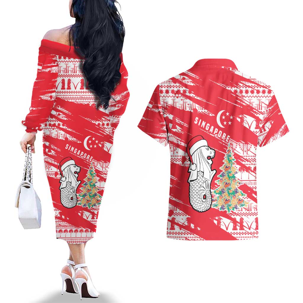 Singapore Christmas Couples Matching Off The Shoulder Long Sleeve Dress and Hawaiian Shirt with Merlion Santa Hat Batik Christmas Tree and City Skyline Design - Wonder Print Shop