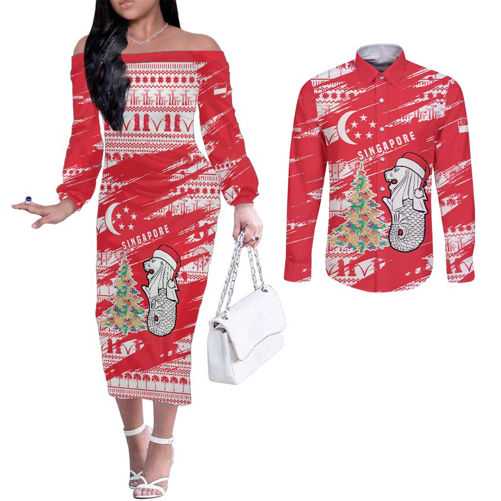 Singapore Christmas Couples Matching Off The Shoulder Long Sleeve Dress and Long Sleeve Button Shirt with Merlion Santa Hat Batik Christmas Tree and City Skyline Design - Wonder Print Shop