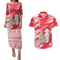 Singapore Christmas Couples Matching Puletasi and Hawaiian Shirt with Merlion Santa Hat Batik Christmas Tree and City Skyline Design - Wonder Print Shop