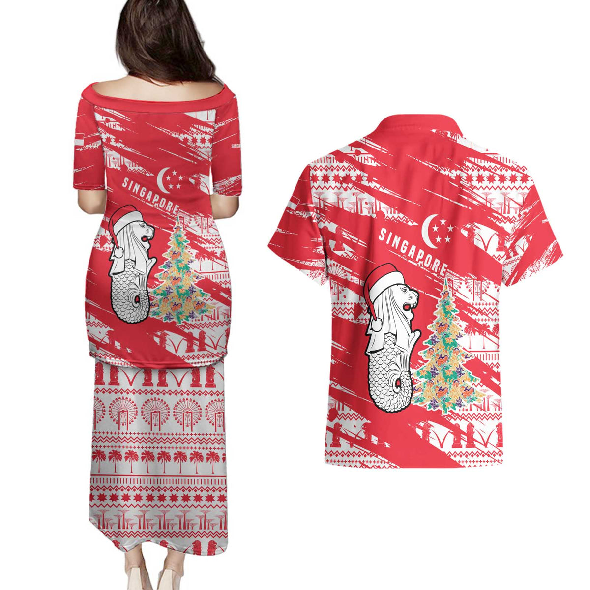 Singapore Christmas Couples Matching Puletasi and Hawaiian Shirt with Merlion Santa Hat Batik Christmas Tree and City Skyline Design - Wonder Print Shop