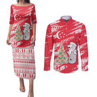 Singapore Christmas Couples Matching Puletasi and Long Sleeve Button Shirt with Merlion Santa Hat Batik Christmas Tree and City Skyline Design - Wonder Print Shop
