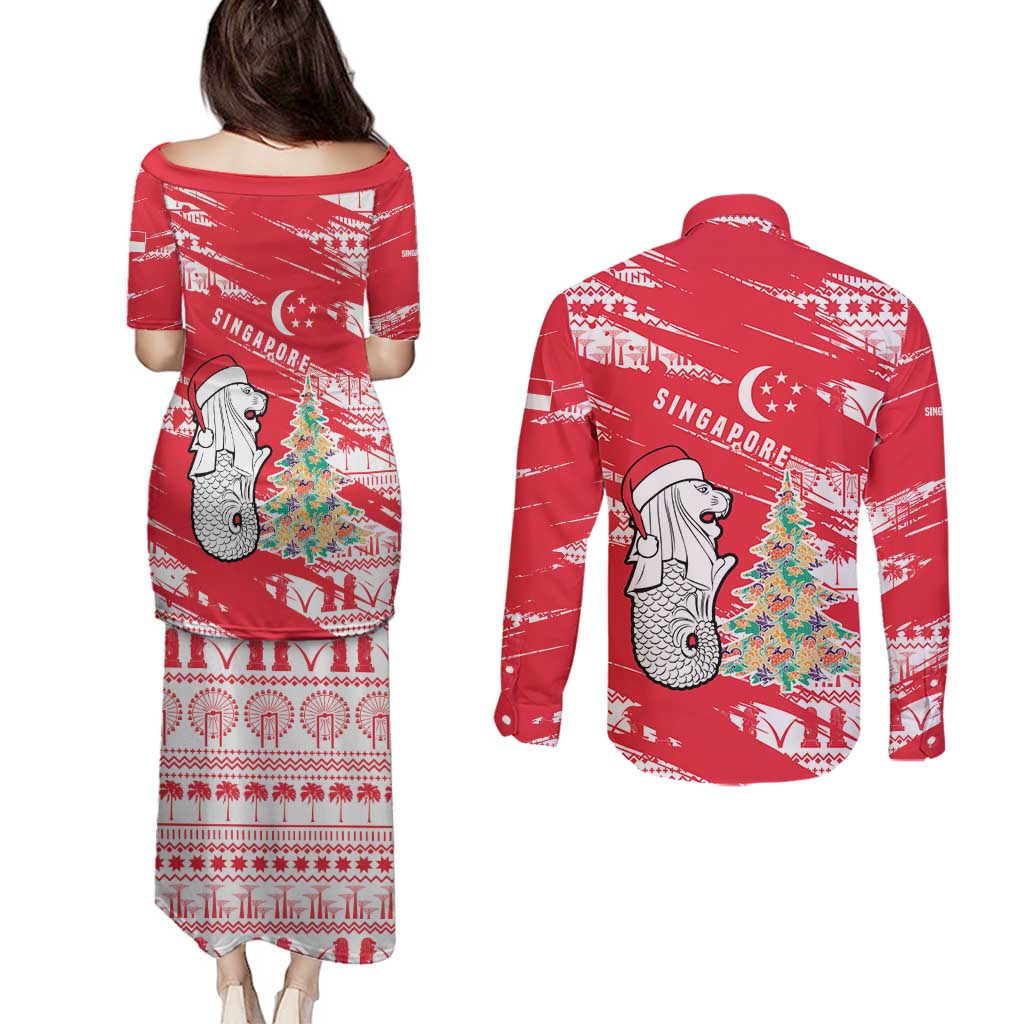 Singapore Christmas Couples Matching Puletasi and Long Sleeve Button Shirt with Merlion Santa Hat Batik Christmas Tree and City Skyline Design - Wonder Print Shop