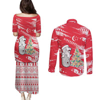 Singapore Christmas Couples Matching Puletasi and Long Sleeve Button Shirt with Merlion Santa Hat Batik Christmas Tree and City Skyline Design - Wonder Print Shop