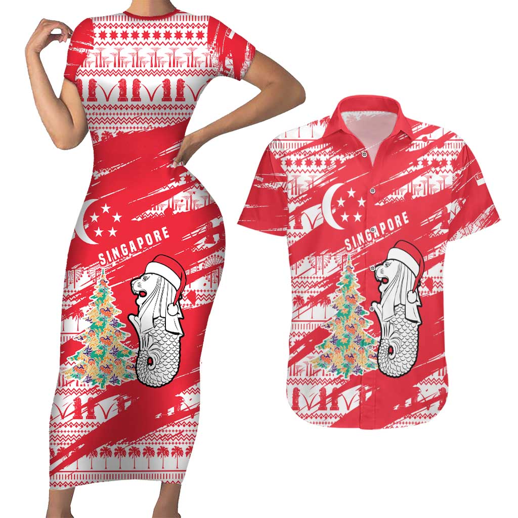 Singapore Christmas Couples Matching Short Sleeve Bodycon Dress and Hawaiian Shirt with Merlion Santa Hat Batik Christmas Tree and City Skyline Design - Wonder Print Shop