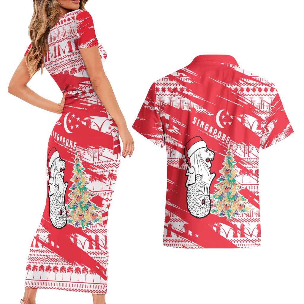 Singapore Christmas Couples Matching Short Sleeve Bodycon Dress and Hawaiian Shirt with Merlion Santa Hat Batik Christmas Tree and City Skyline Design - Wonder Print Shop