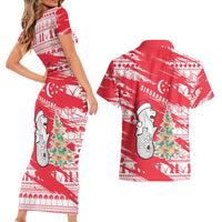 Singapore Christmas Couples Matching Short Sleeve Bodycon Dress and Hawaiian Shirt with Merlion Santa Hat Batik Christmas Tree and City Skyline Design - Wonder Print Shop