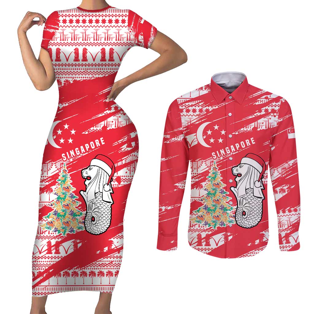 Singapore Christmas Couples Matching Short Sleeve Bodycon Dress and Long Sleeve Button Shirt with Merlion Santa Hat Batik Christmas Tree and City Skyline Design - Wonder Print Shop