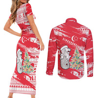 Singapore Christmas Couples Matching Short Sleeve Bodycon Dress and Long Sleeve Button Shirt with Merlion Santa Hat Batik Christmas Tree and City Skyline Design - Wonder Print Shop