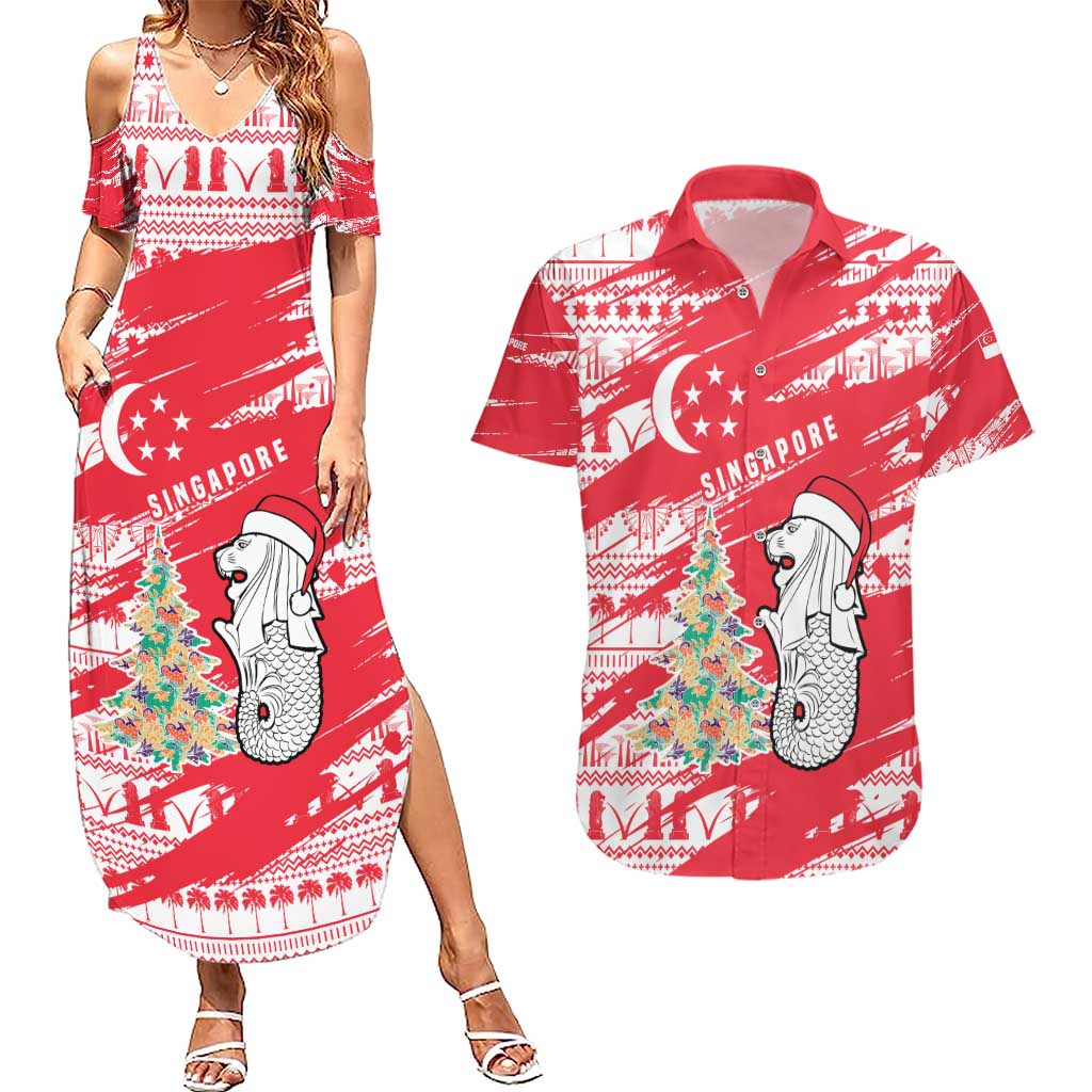 Singapore Christmas Couples Matching Summer Maxi Dress and Hawaiian Shirt with Merlion Santa Hat Batik Christmas Tree and City Skyline Design - Wonder Print Shop