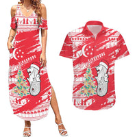 Singapore Christmas Couples Matching Summer Maxi Dress and Hawaiian Shirt with Merlion Santa Hat Batik Christmas Tree and City Skyline Design - Wonder Print Shop