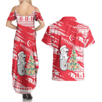 Singapore Christmas Couples Matching Summer Maxi Dress and Hawaiian Shirt with Merlion Santa Hat Batik Christmas Tree and City Skyline Design - Wonder Print Shop