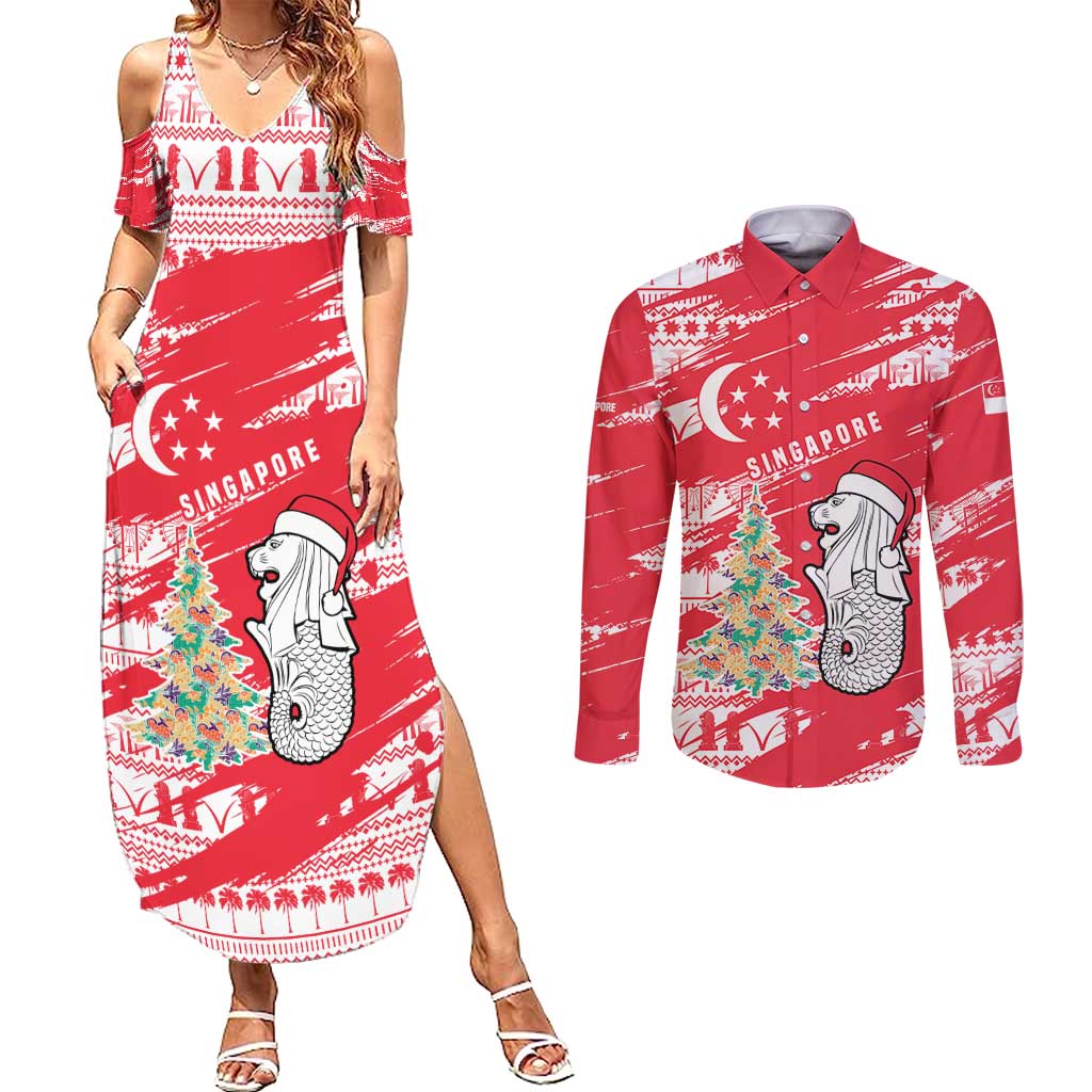 Singapore Christmas Couples Matching Summer Maxi Dress and Long Sleeve Button Shirt with Merlion Santa Hat Batik Christmas Tree and City Skyline Design - Wonder Print Shop