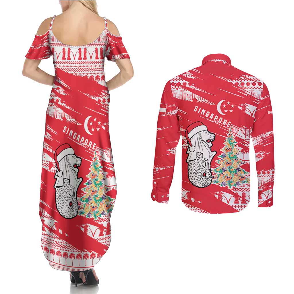 Singapore Christmas Couples Matching Summer Maxi Dress and Long Sleeve Button Shirt with Merlion Santa Hat Batik Christmas Tree and City Skyline Design - Wonder Print Shop