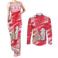 Singapore Christmas Couples Matching Tank Maxi Dress and Long Sleeve Button Shirt with Merlion Santa Hat Batik Christmas Tree and City Skyline Design - Wonder Print Shop