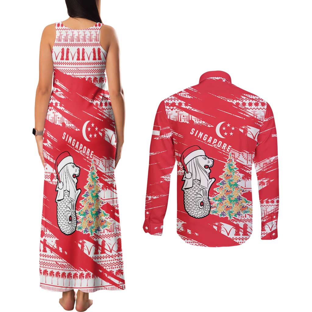 Singapore Christmas Couples Matching Tank Maxi Dress and Long Sleeve Button Shirt with Merlion Santa Hat Batik Christmas Tree and City Skyline Design - Wonder Print Shop
