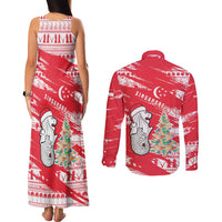 Singapore Christmas Couples Matching Tank Maxi Dress and Long Sleeve Button Shirt with Merlion Santa Hat Batik Christmas Tree and City Skyline Design - Wonder Print Shop