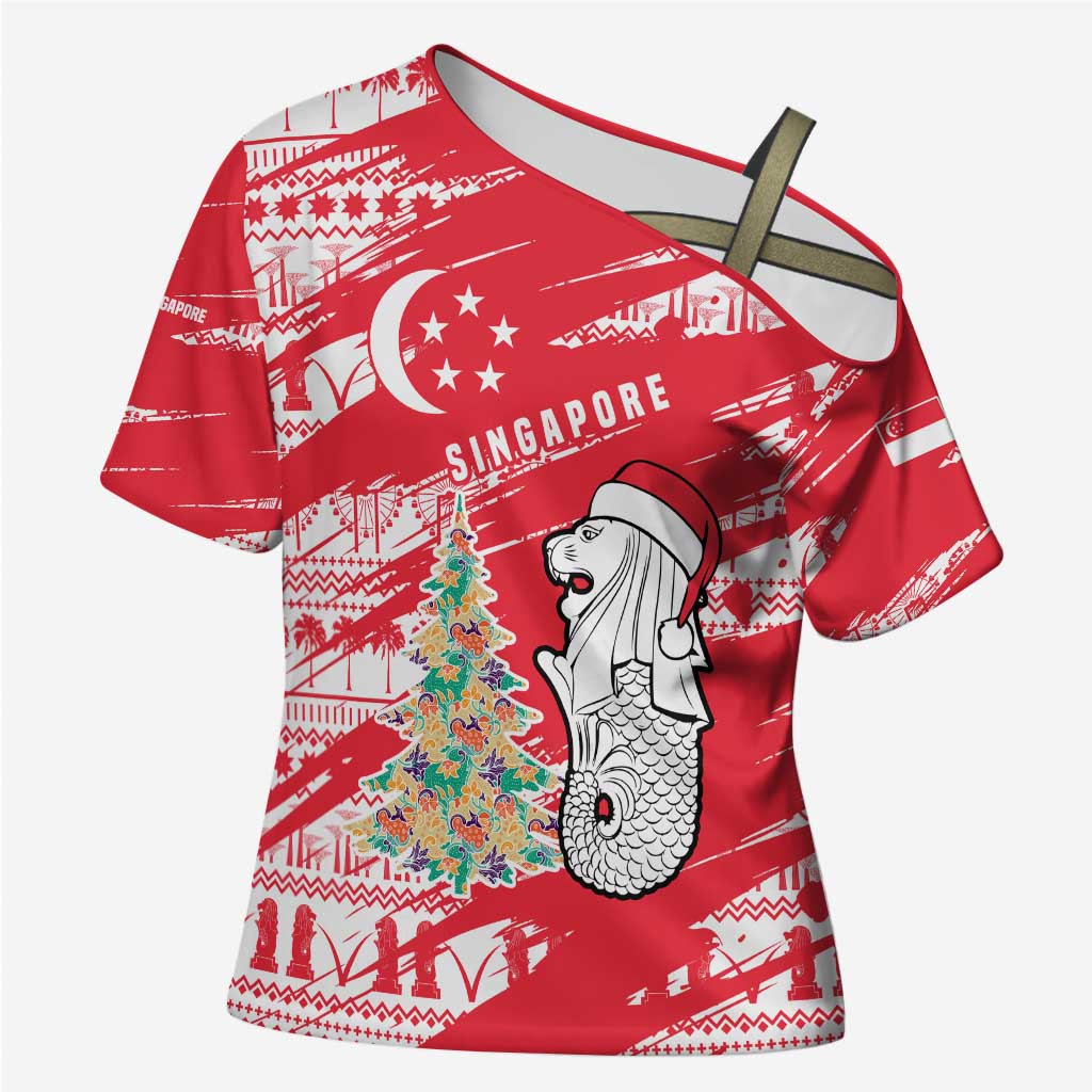 Singapore Christmas Cross Shoulder Shirt with Merlion Santa Hat Batik Christmas Tree and City Skyline Design - Wonder Print Shop