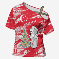 Singapore Christmas Cross Shoulder Shirt with Merlion Santa Hat Batik Christmas Tree and City Skyline Design - Wonder Print Shop