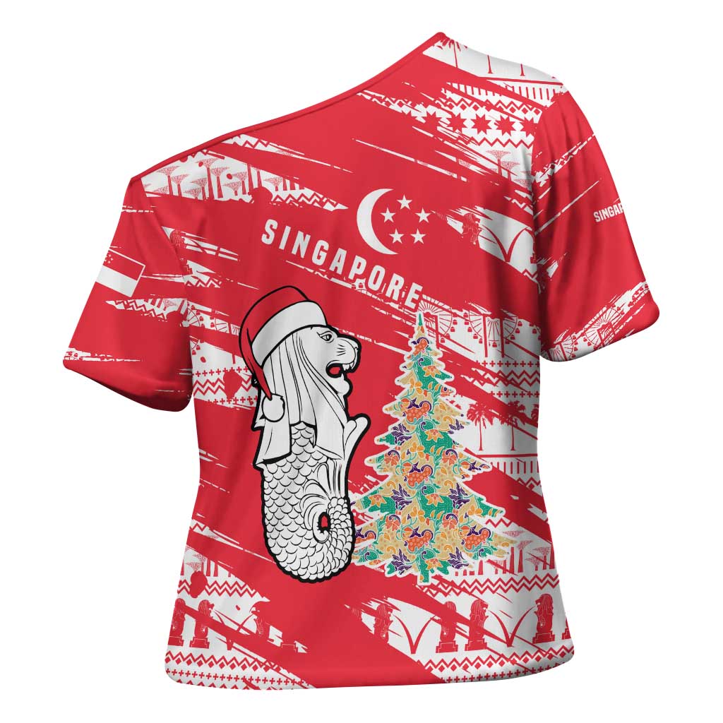 Singapore Christmas Cross Shoulder Shirt with Merlion Santa Hat Batik Christmas Tree and City Skyline Design - Wonder Print Shop