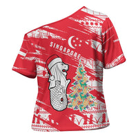 Singapore Christmas Cross Shoulder Shirt with Merlion Santa Hat Batik Christmas Tree and City Skyline Design - Wonder Print Shop