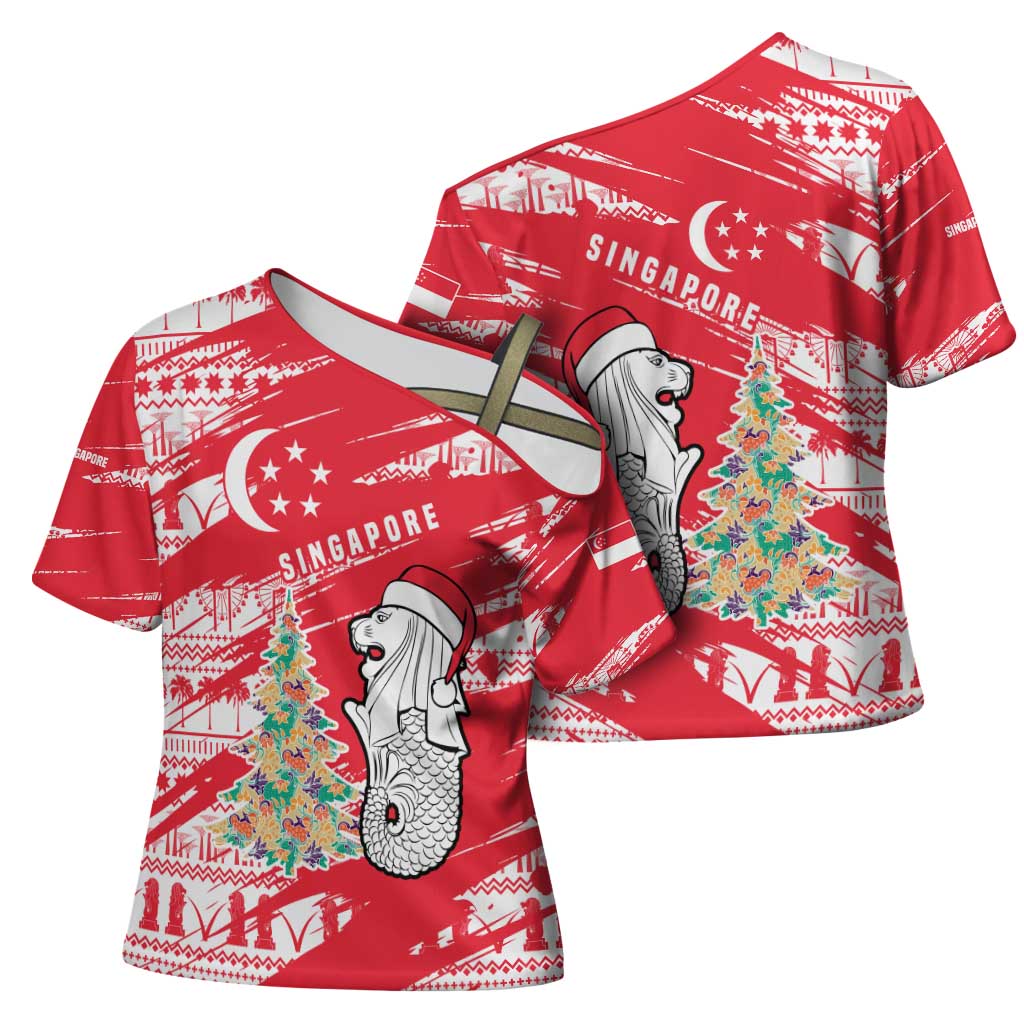 Singapore Christmas Cross Shoulder Shirt with Merlion Santa Hat Batik Christmas Tree and City Skyline Design - Wonder Print Shop
