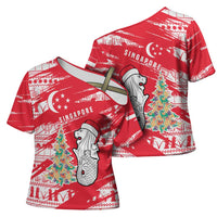 Singapore Christmas Cross Shoulder Shirt with Merlion Santa Hat Batik Christmas Tree and City Skyline Design - Wonder Print Shop