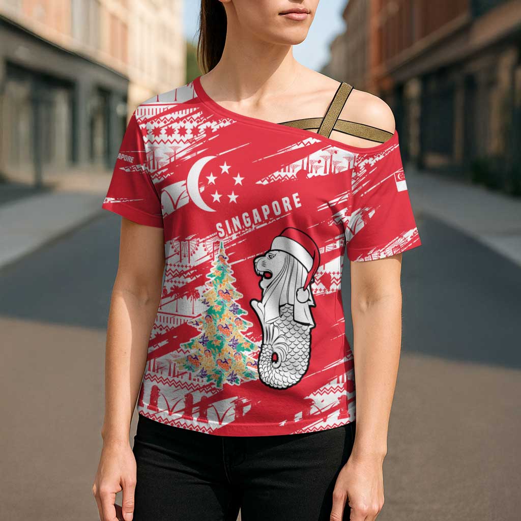 Singapore Christmas Cross Shoulder Shirt with Merlion Santa Hat Batik Christmas Tree and City Skyline Design - Wonder Print Shop