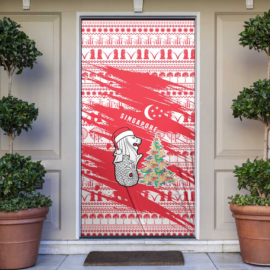 Singapore Christmas Door Cover with Merlion Santa Hat Batik Christmas Tree and City Skyline Design - Wonder Print Shop