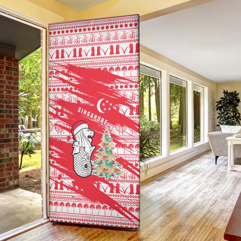 Singapore Christmas Door Cover with Merlion Santa Hat Batik Christmas Tree and City Skyline Design - Wonder Print Shop