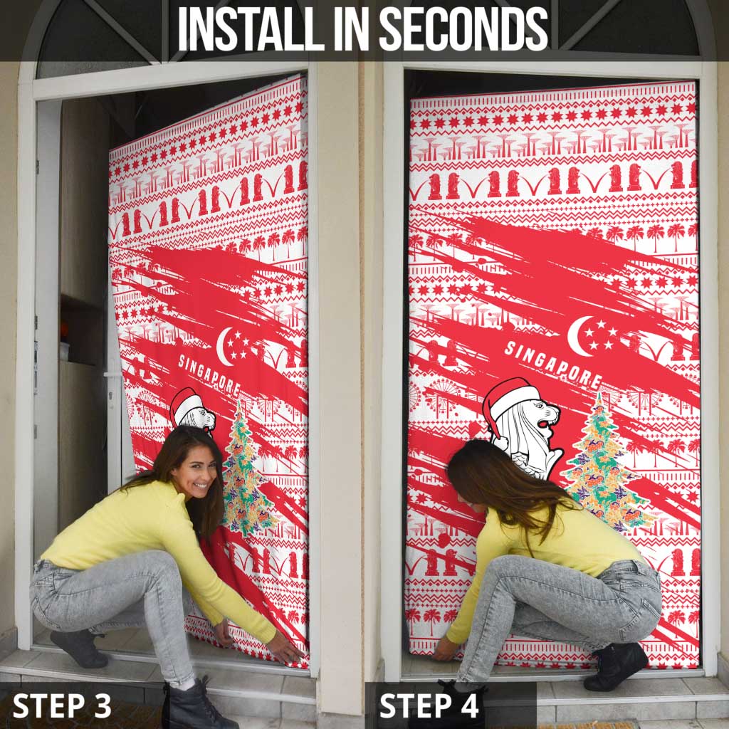 Singapore Christmas Door Cover with Merlion Santa Hat Batik Christmas Tree and City Skyline Design - Wonder Print Shop